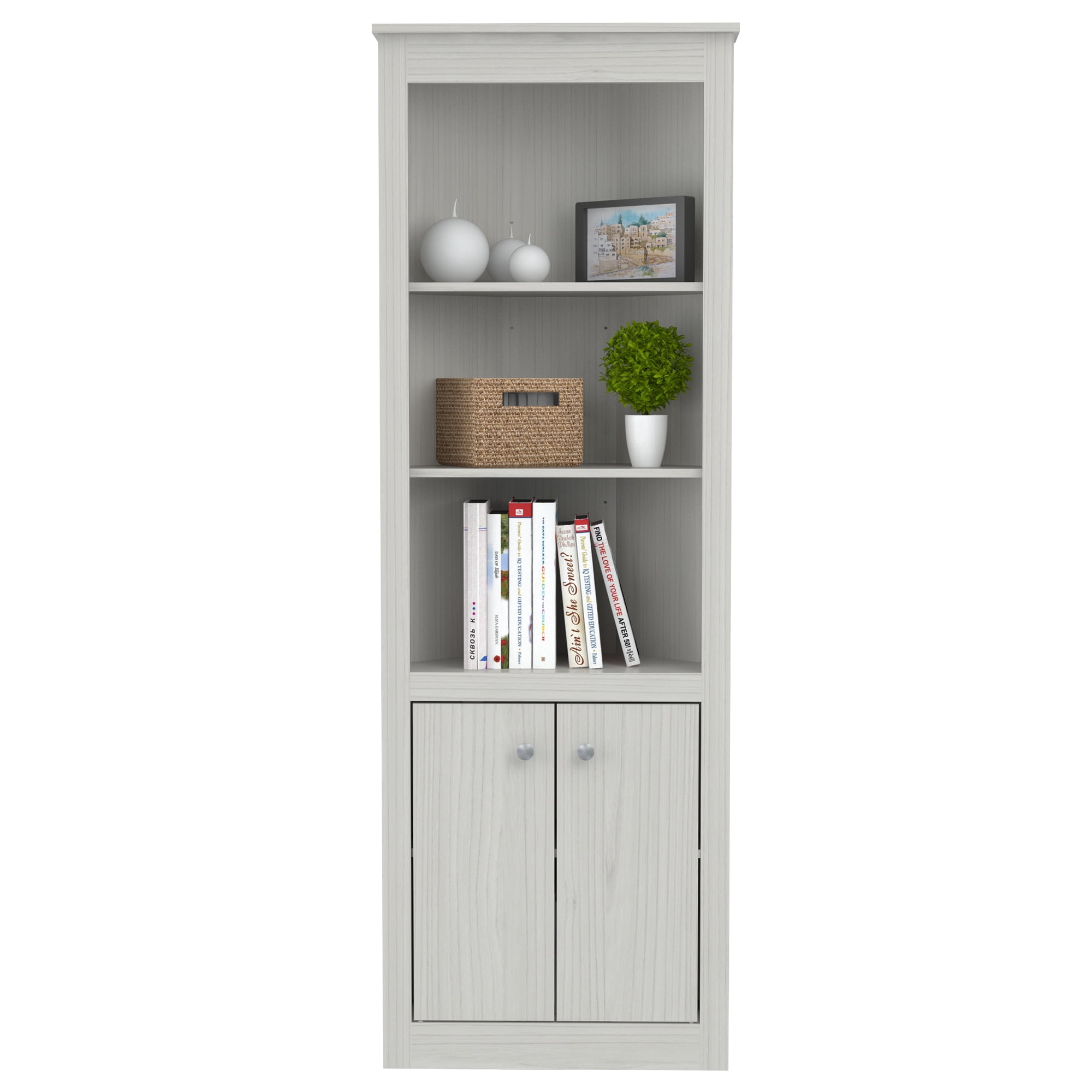 Inval Washed Oak Two Door Corner Bookshelf Walmart Com Walmart Com