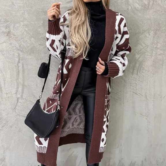 2022 Women Rhombus Knit Pattern Elegant Loose Long Outerwear Maxi Y2k Sweater Coat Fall Winter Knitted Cardigan Warm Soft Jacket