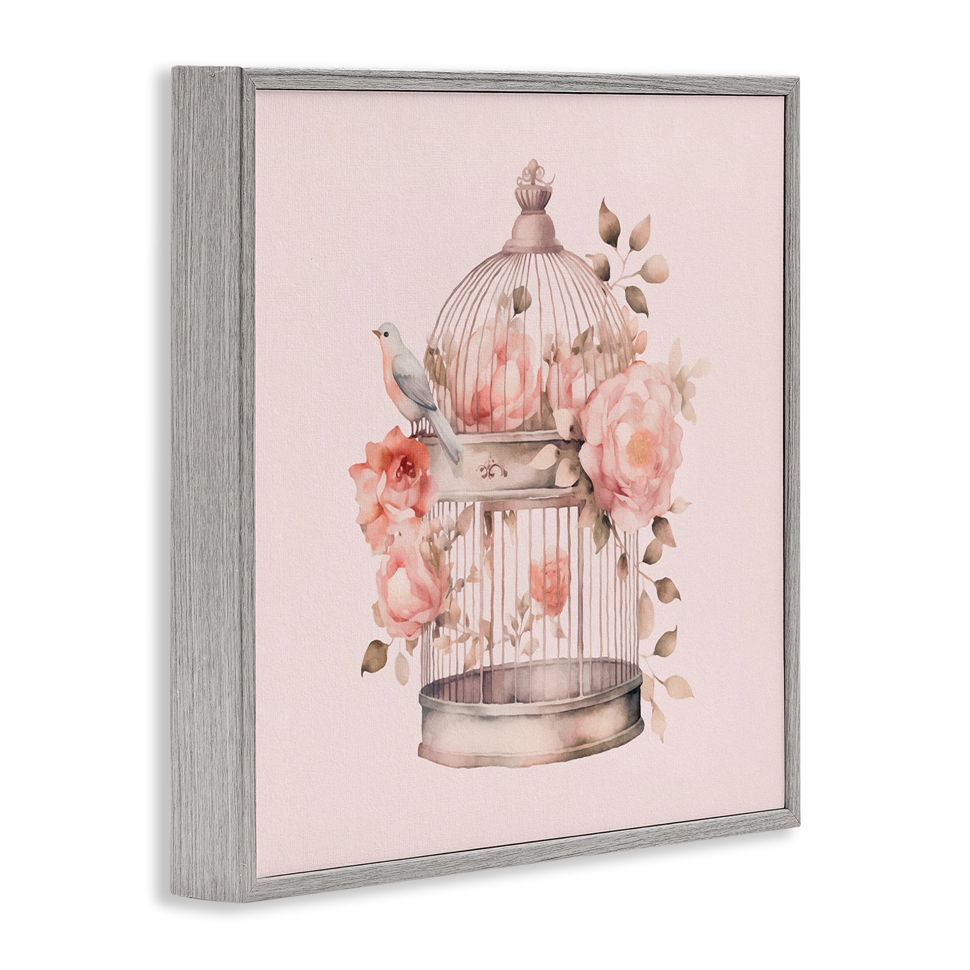 Stupell Industries Bird Cage with Rose Blooms Botanical & Floral Painting Gray Framed Art Print Wall Art, 17 x 17