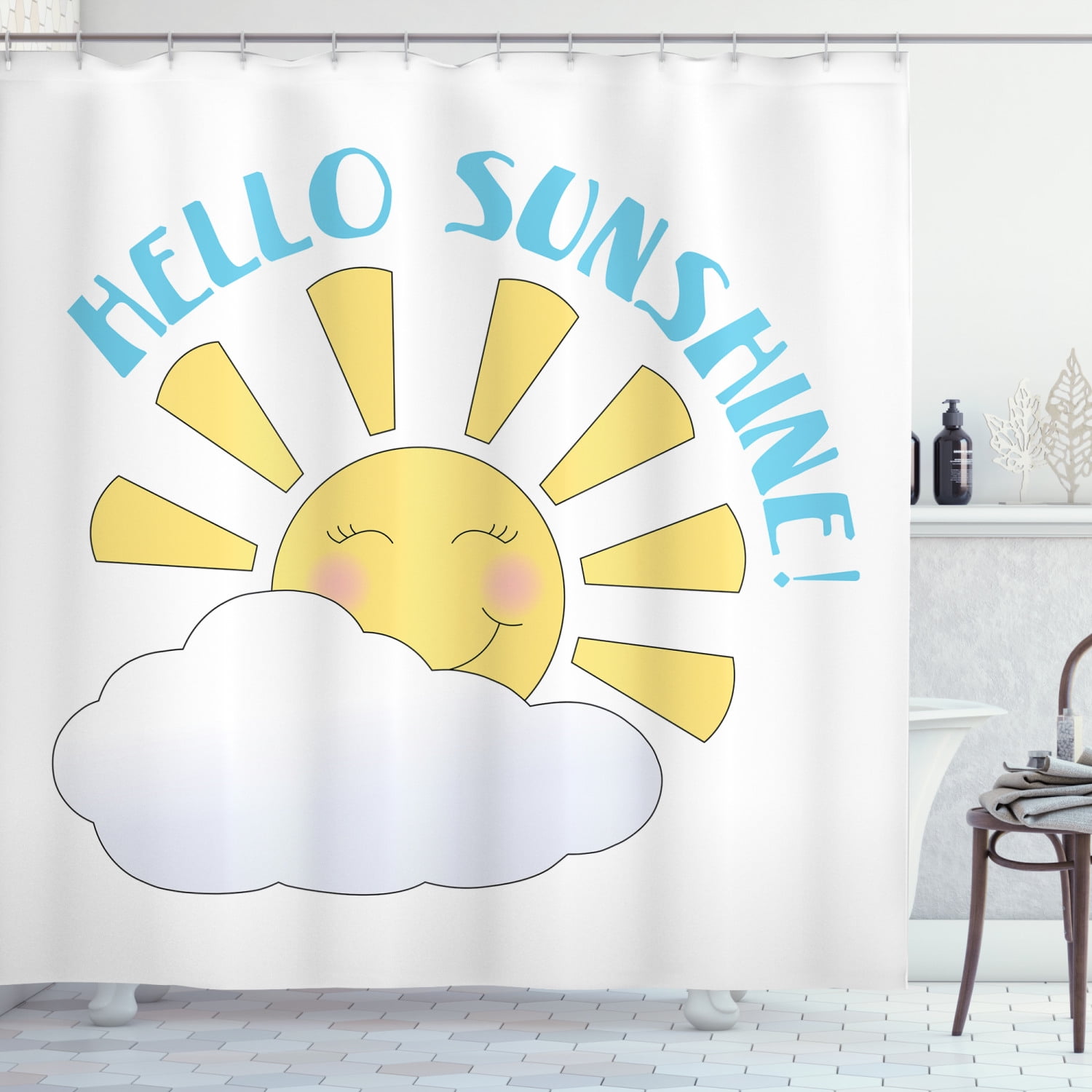 Hello Sunshine Shower Curtain, Morning Themed Rising Smiling Sun and
