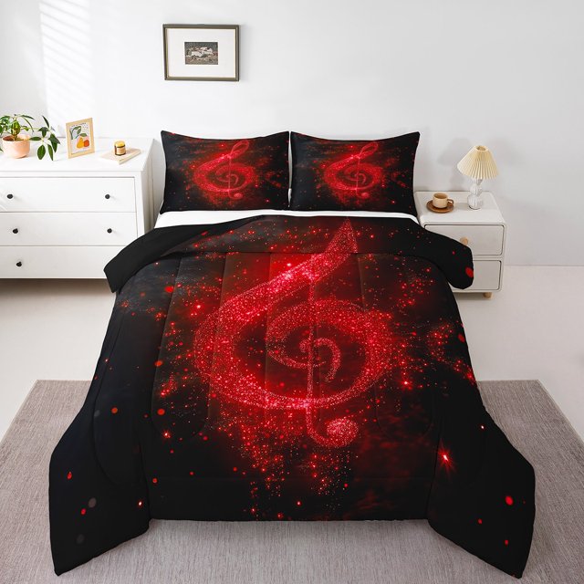 Ensemble de Couette Note Musicale Taille Tout-Petit, Ensemble de Literie Imprimé Sequins Rouge Étoilé Chic (Pas Réel) pour Enfants Adolescents, Thème Musical Romantique Pailleté, 2 Pcs 1 Taie d'Oreiller