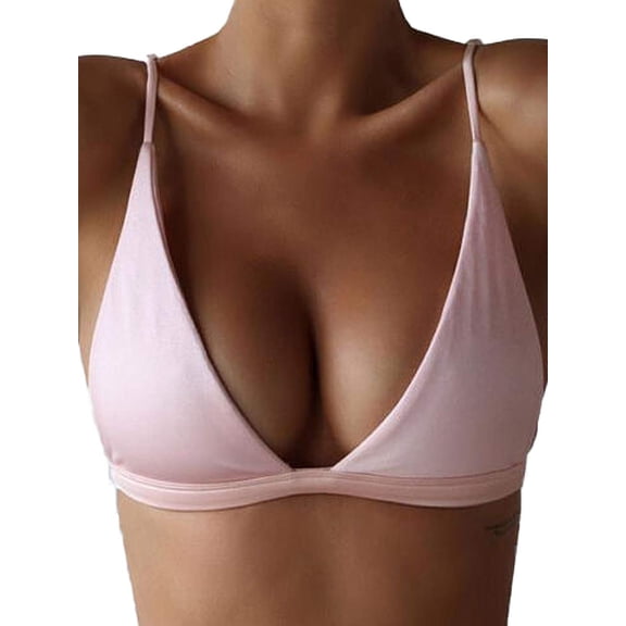 Women Halter Bikini Top Sexy Triangle Padded Push Up V-Neck Solid Spaghetti Strap Swim Tops