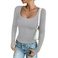 thumbnail image 2 of idosla Women's Long Sleeve Scoop Neck Shirts Casual Slim Fit Rib Knit Tops Summer Fall Basic Business Work Tee (Light Gray, XL), 2 of 6