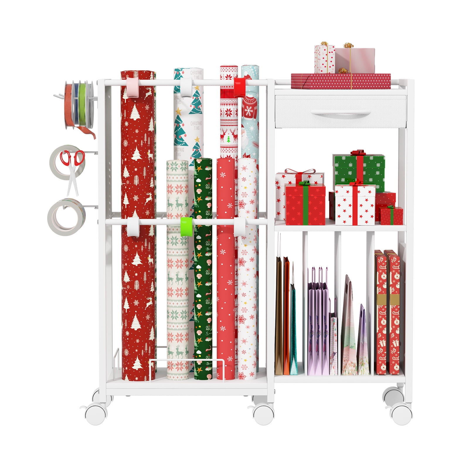 Advwin Gift Wrapping Paper Storage Cart with Drawer, Rolling Gift Wrap Station with Ribbon & Gift Bage Storage, Multi-purpose Craft Organizer Rack for Home, Office, School or Gift Shop, White