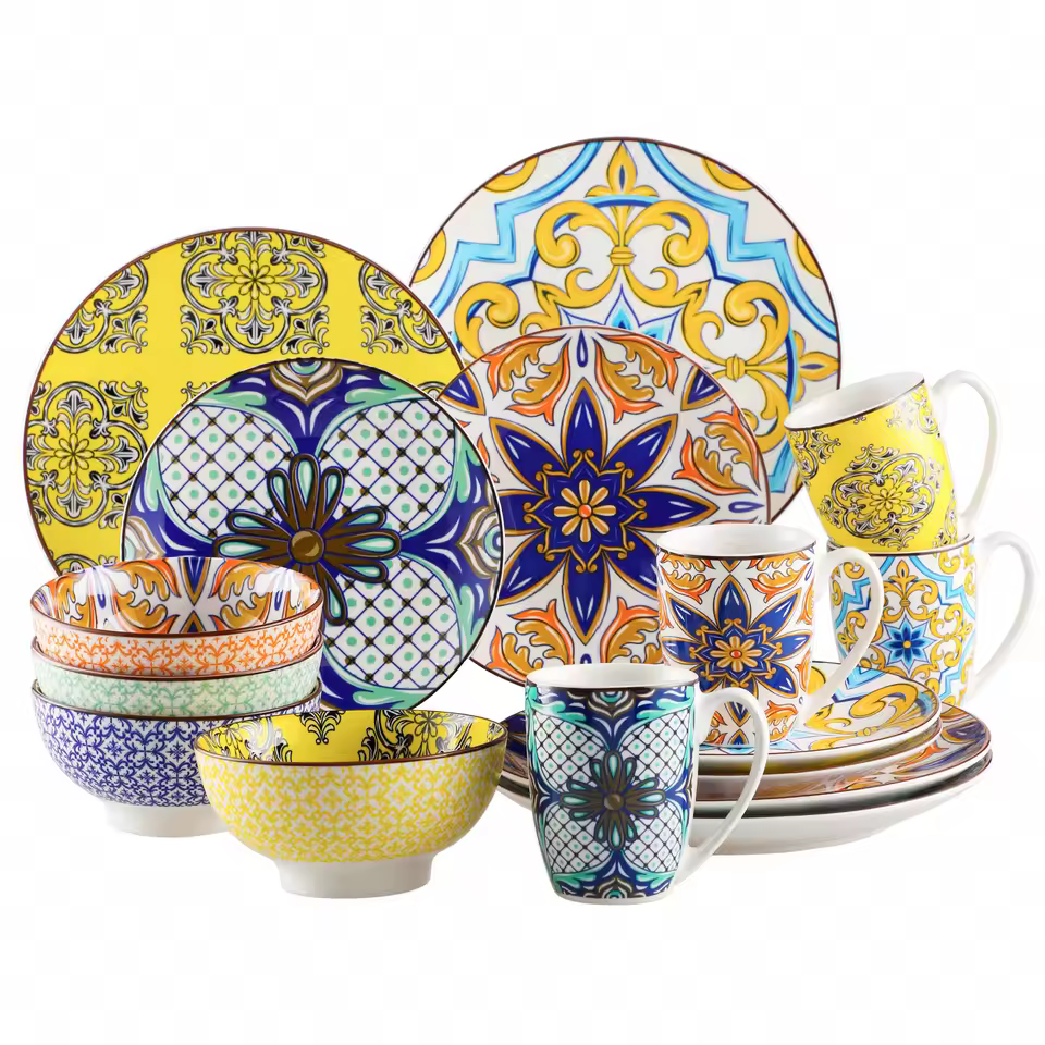 16-Piece Moroccan Colorful Porcelain Dinnerware Set, Round Dinner Set for 4, Vibrant Tableware