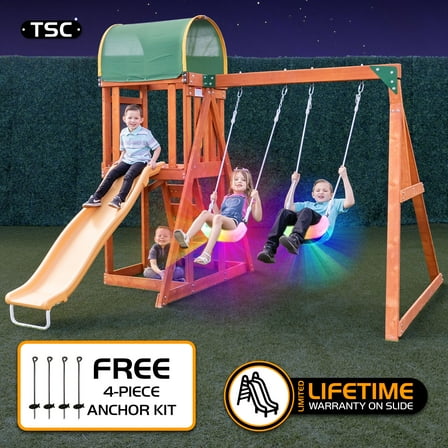 The Swing Company North Star Wooden Swing Set for Kids with Play Fort, 6' Slide & LED Swing Seats
