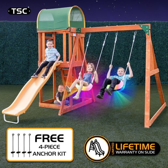 The Swing Company North Star Wooden Swing Set for Kids with Play Fort, 6' Slide & LED Swing Seats