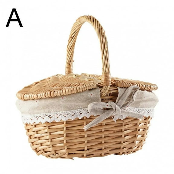 Handmade Wicker Picnic Basket With Handle Picnic Hamper Multi-Purpose Willow Woven Storage Box Outdoor Camping Fruit Basket