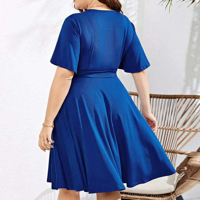 Summer Savings! Zpanxa Womens Plus Size Boho Dress Casual V-Neck Solid  Short Sleeve Midi Dresses Swing Dress with Belt Blue 3XL 
