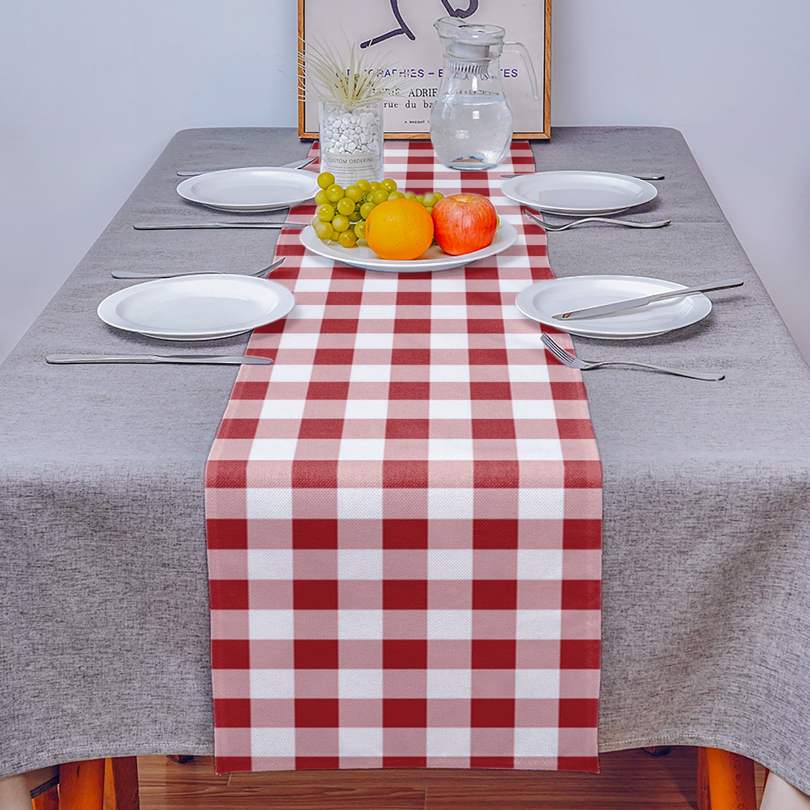 Farmhouse Red Plaid Table Runner Rustic Red White Checkered Tablerunners 13 x 90 Inch, Table Decorations Tabletop Scarf for Summer Gathering Holiday Farmhouse Kitchen Dining Decor