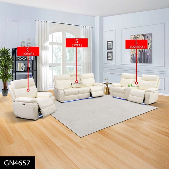 Lifestyle Furnitures Off-White Breathable Semi PU Leather Living Room Recliner Intelligent 3-Piece Sofa Set