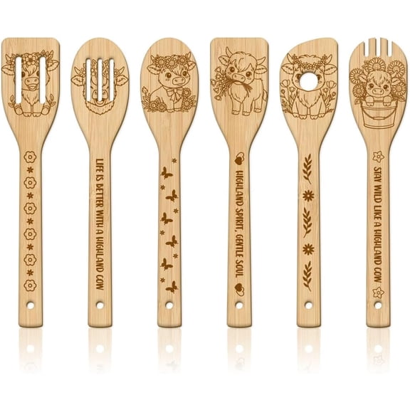 6Pcs Cartoon Highland Cattle Wooden Spoons Utensil Set Flowers Animals Bamboo Carving Kitchen Cooking Utensils Wooden Engraved
