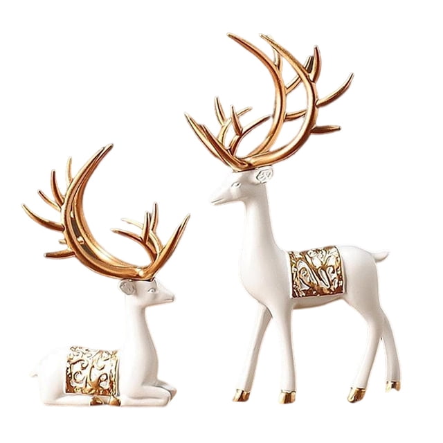 2Pcs Modern Reindeer Statues Figurine Animal Sculpture Creative Collection Resin White Gold
