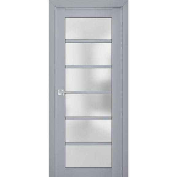 Interior Solid French Pre-Hung Door Frosted Glass | Veregio 7602 Matte Grey | Single Regular Panel Frame Trims Handle | Bathroom Bedroom Sturdy Doors -18" x 84"