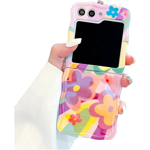Fashion Curly Frame Case for Galaxy Z Flip 5 Cute Floral Design, Woman Flower Case for Samsung Galaxy Z Flip 5, Kawaii Girly Case for GalaxyZ Flip 5 (Yellow Flower)