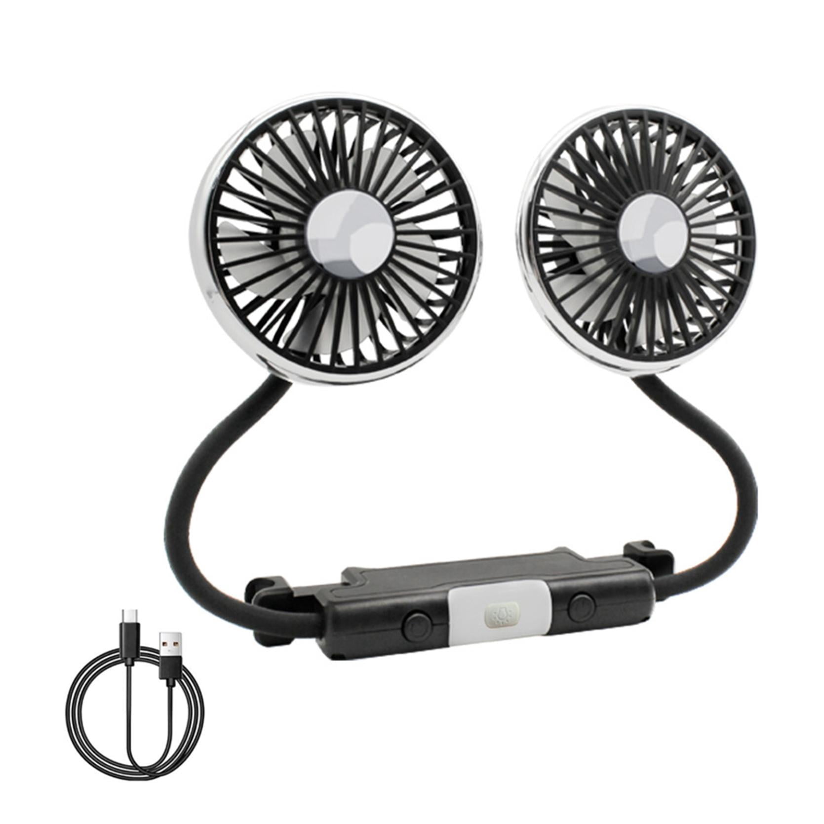 KMWGRE USB Car Fan for Backseat: Dual Back Seat Fans for Kids Independently Controlled Heads and 2 LED Lights 360° Rotatable Cooling Air Conditioner 3 Speeds Headrest