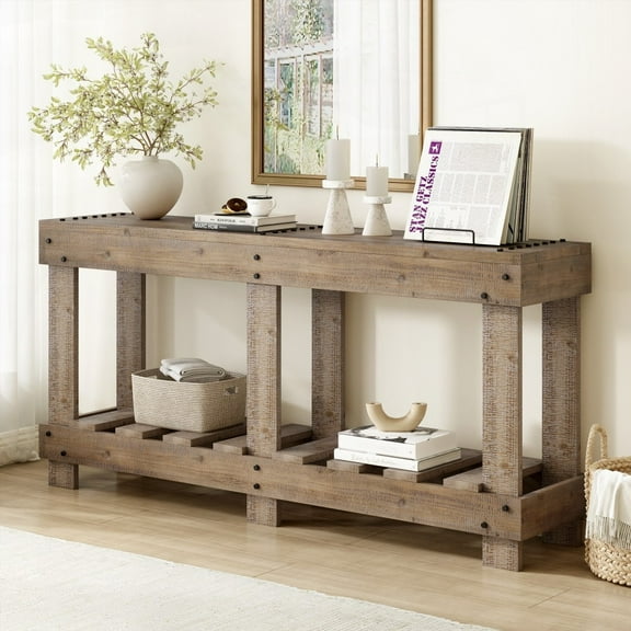 [Living Room Coffee Table with Fir Wood, 62.9" Extra-Length & Space-Saving]