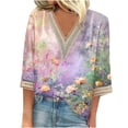 thumbnail image 2 of qelini Womens 3/4 Sleeve Tops T Shirts V Neck Beach T Blouse Ladies Lace Flowers and Plants Printed Pullover Loose Casual Fashion Breathable Purple 2XL, 2 of 5