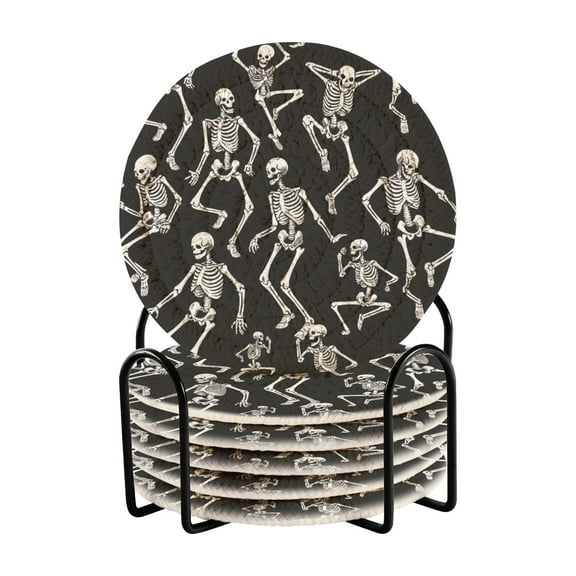 Skeletons Dancing Coasters with Holder for Coffee Table 6 Pcs Drink Coaster Sets Absorbent for Home Decor 4 inch