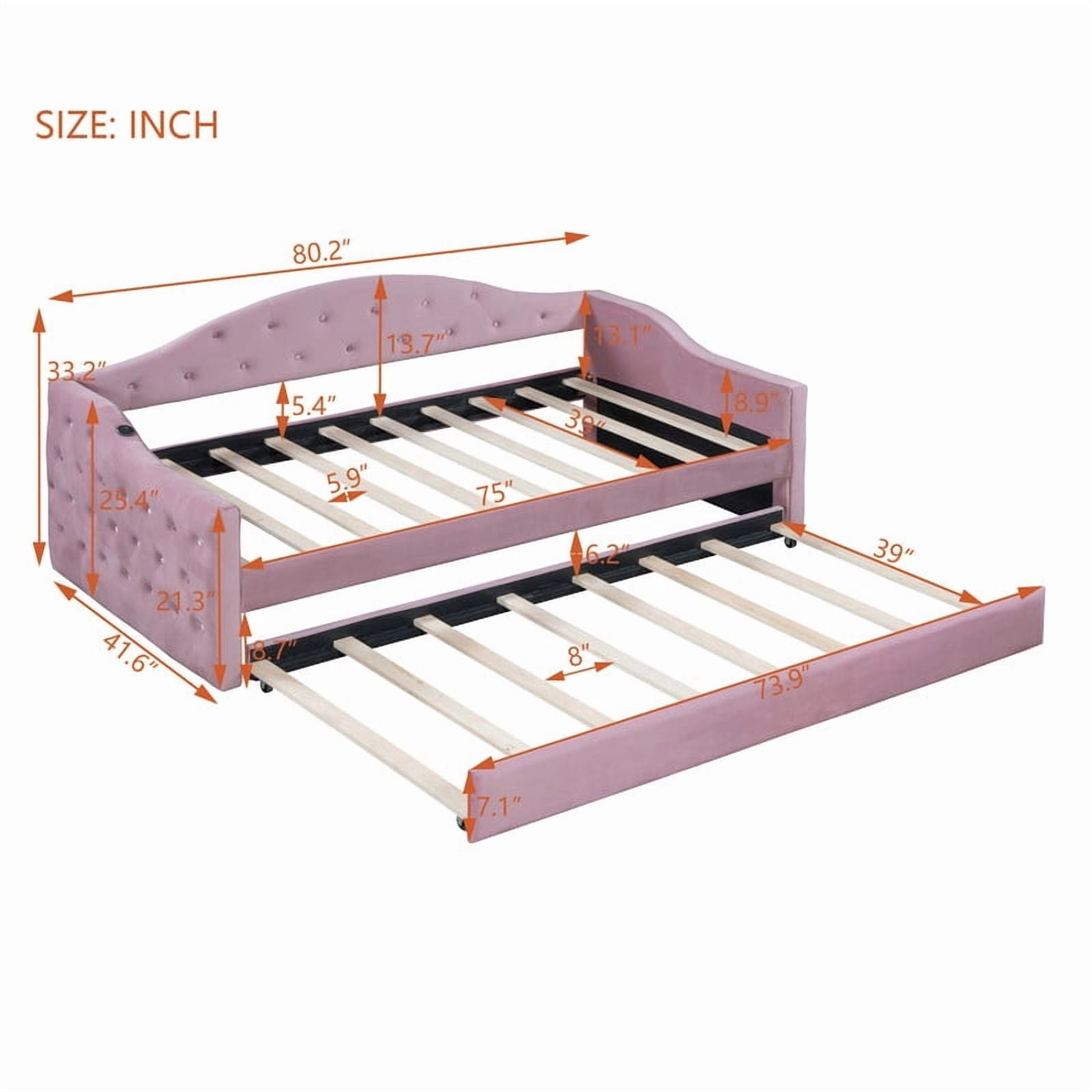 Twin Size Tufted Daybed with Trundle & Backrest, Velvet Upholstered Sofa Bed Frame with USB & Type-C Ports