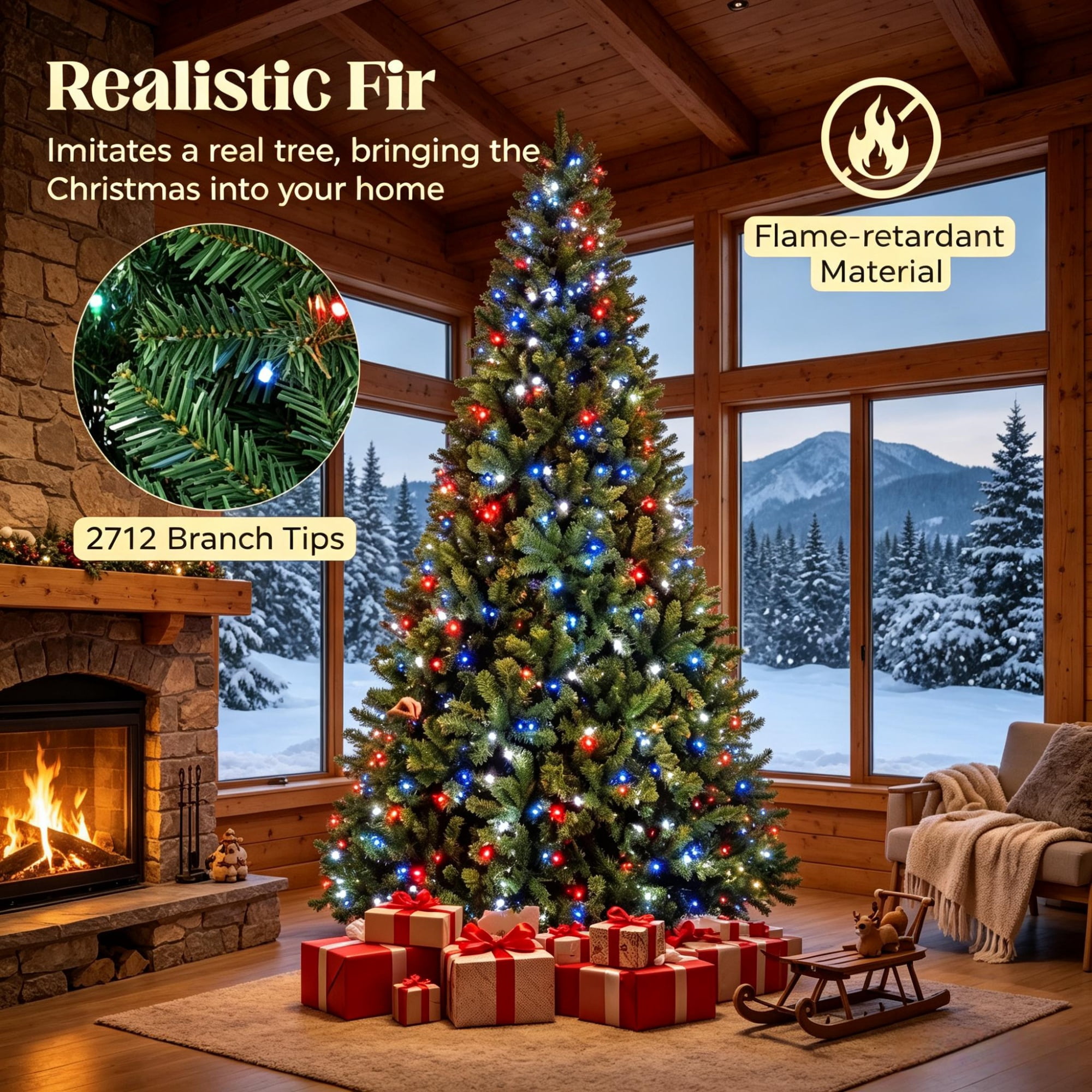 9 ft Pre-Lit Christmas Tree with RGB Dynamic LED Lights, Remote Control, 650 Lights, 2712 Branch Tips, Hinged Sections, Indoor Holiday Decoration