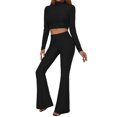 thumbnail image 2 of VISgogo, traje de 2 uds con pantalones para mujer, Tops cortos de cuello alto de manga larga de Color liso, pantalones acampanados largos de tiro alto, ropa de primavera/otoño para mujer VISgogo  moda, 2 of 9