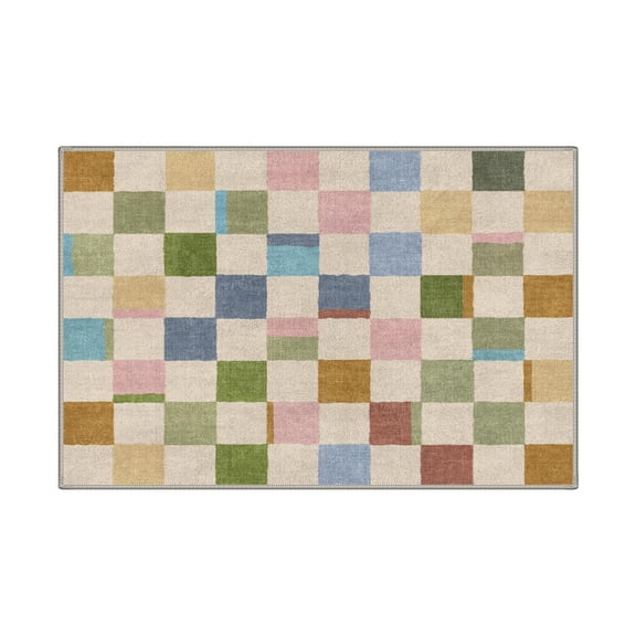 Bomd Minimalist Checkered Living Room Rug, 23.6" x 35.4" Washable Non-Slip Soft Short Pile Rug, Multi-Color Geometric Linen Style Area Rug, Ideal for Kitchen Hallway Bedroom Indoor Home Decor