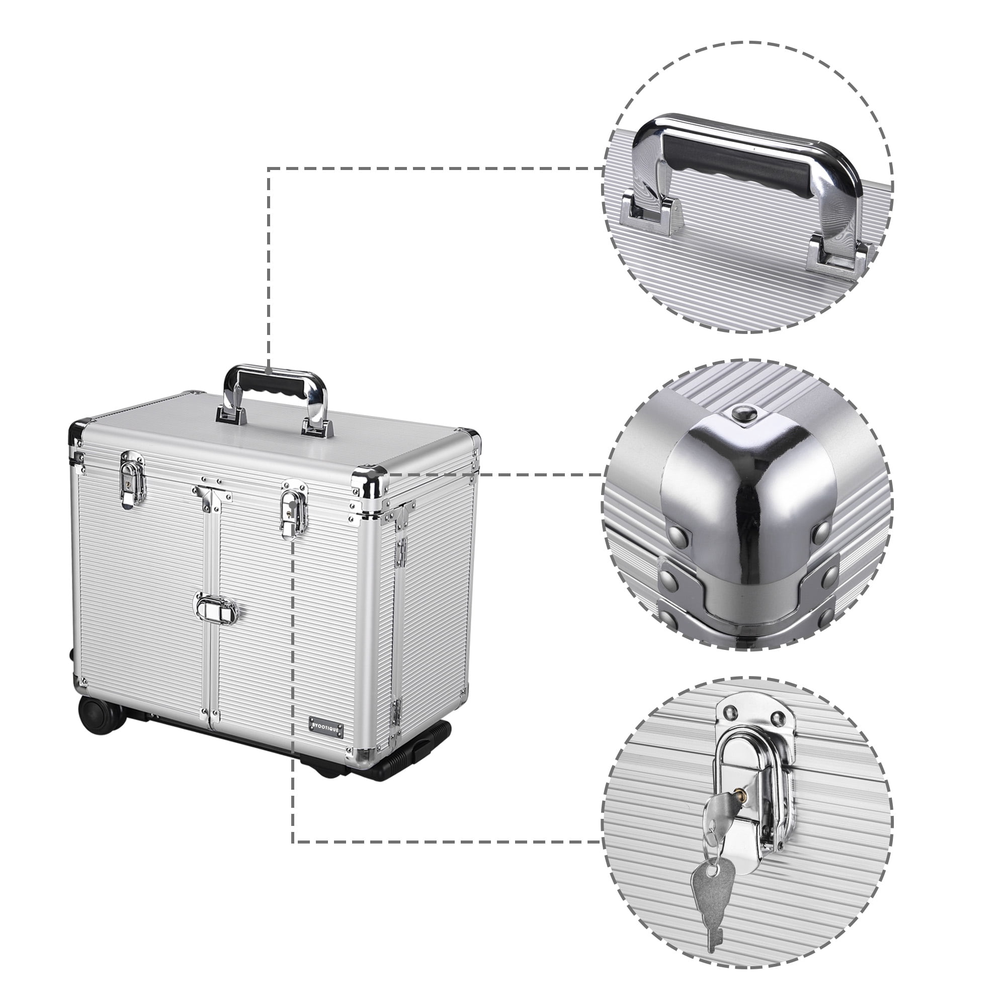 Byootique 16x9x15" Aluminum Rolling Makeup Case Trolley Clipper Trimmer Barber Tool Lock Box Hair Salon Stylist Train Key