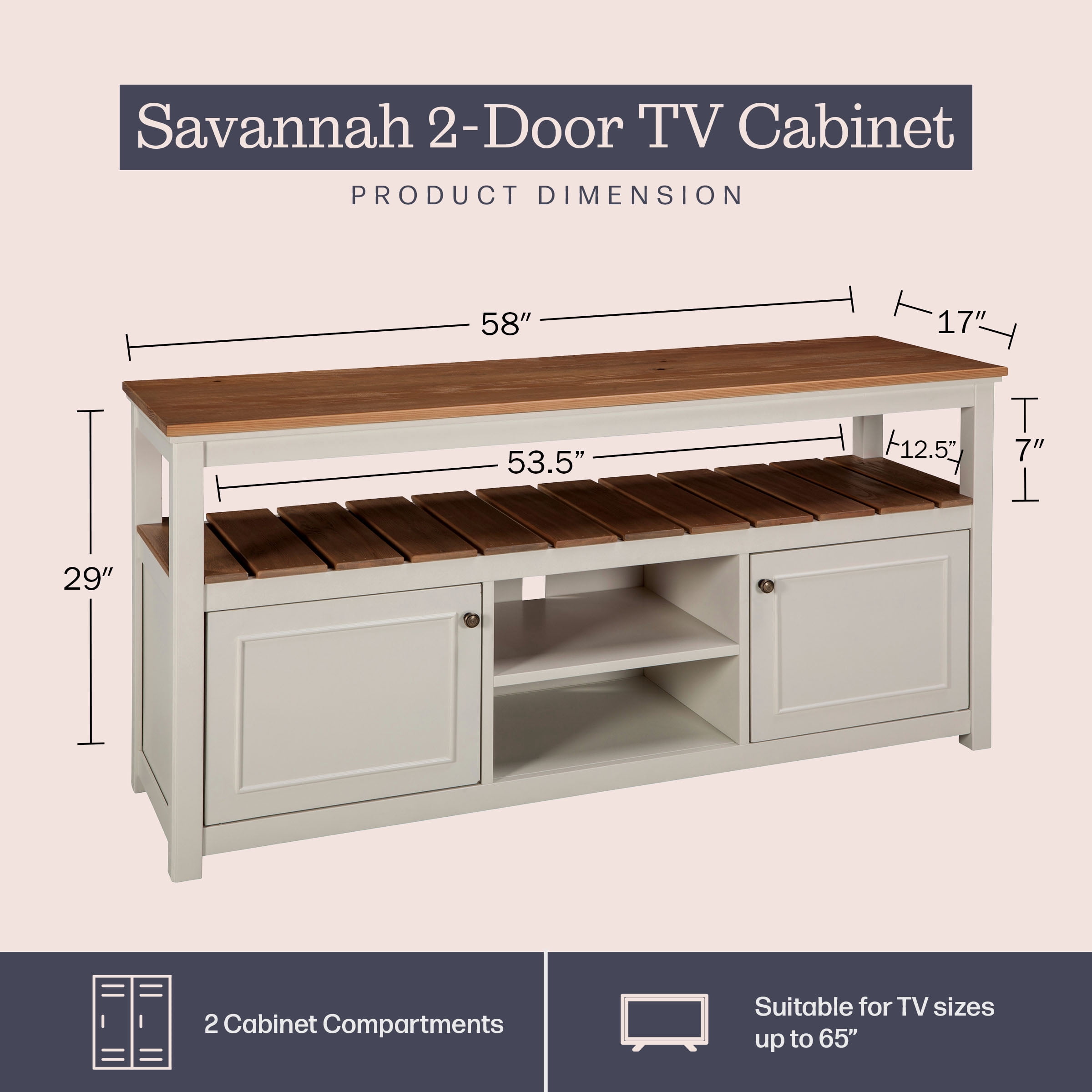 Alaterre Furniture Savannah TV Stand with Storage - Accommodates 60 Inch Flat Screen TVs - Entertainment Center - Coastal and Modern Farmhouse Living Room Furniture (Ivory)