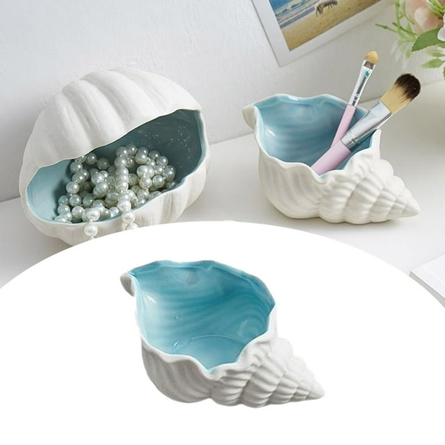 Plateau à Bijoux en Céramique en Forme de Conque pour Femmes Style Océan Plat à Bijoux Rangement Décoratif pour Table Basse Plateau Rond Décorations de Plage Maison pour Centres de Table Cuisine Lapin Plateau de Service 2 Niveaux