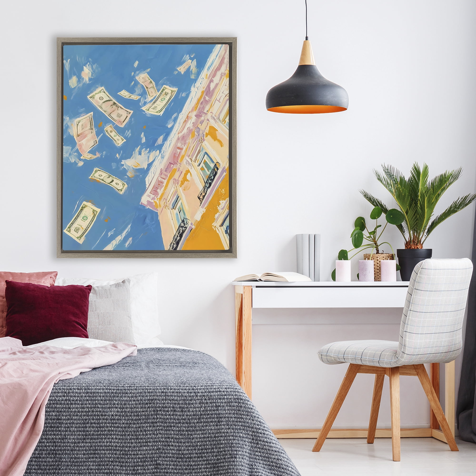 Stupell Industries Money Rain Drifting Past Windows Brown Framed Floater Canvas Wall Art, design by The Prints Vibe