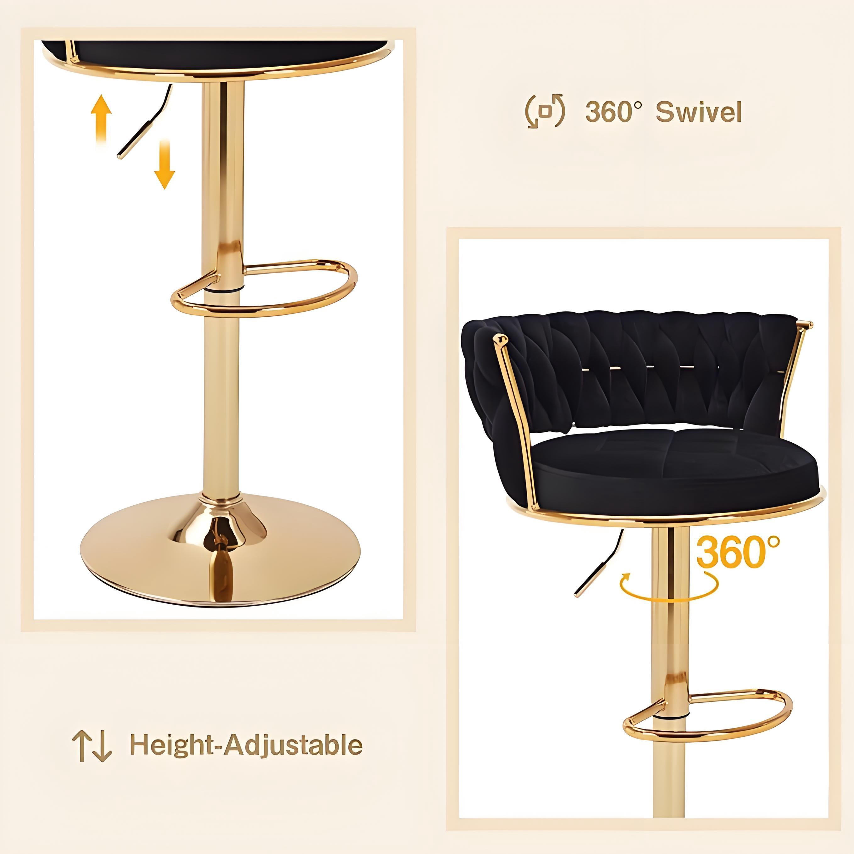 Howcool Velvet Swivel Bar Stools Set of 2 with Back and Arms, Adjustable Counter Height Kitchen Island Chairs with Gold Metal Legs & Base for Home Bar Dining Room