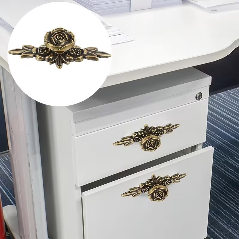 2pcs Vintage Brass Rose Flower Drawer Handles - Ornate Zinc Alloy Cabinet Knobs for Wardrobe, Dresser, and Cabinets - Easy Installation with Included Hardware