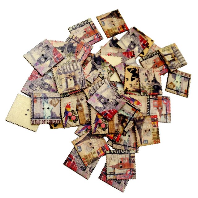 50 Piezas Cuadrados Vintage Sellos Botones de de 2 Agujeros para álbum de Recortes Manualidades para Niños