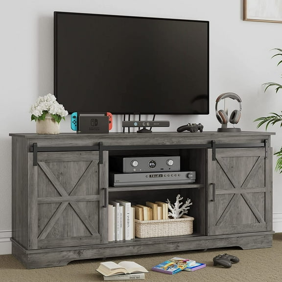 DEXTRUS Rustic TV Stand for 65 Inch TV, Entertainment Center with Sliding Barn Door, Wood TV Media Console for Living Room, Grey
