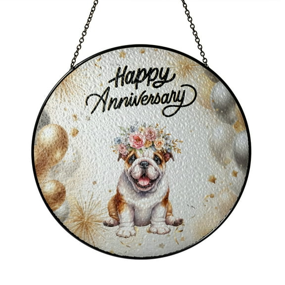 Happy Anniversary Bulldog Celebrates Wedding Love Family Party Stained Glass Suncatcher Dog Lover Gifts Idea Window Hanging Sign Decor - 01015