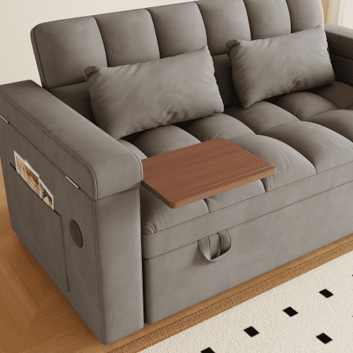 REHOUSING Velvet Multifunctional Pull-Out Sofa Bed with Hidden Side Table and Storage Armrests, Gray