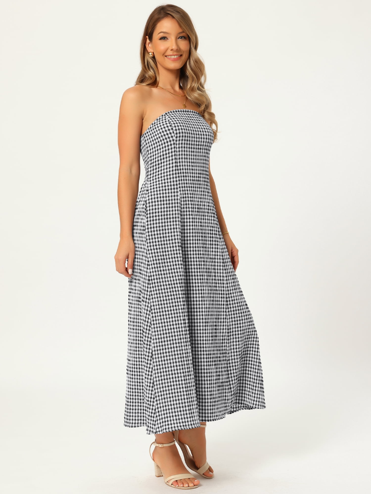 DARING DIVA Women's Gingham Strapless Maxi Summer Casual Sundress S Black