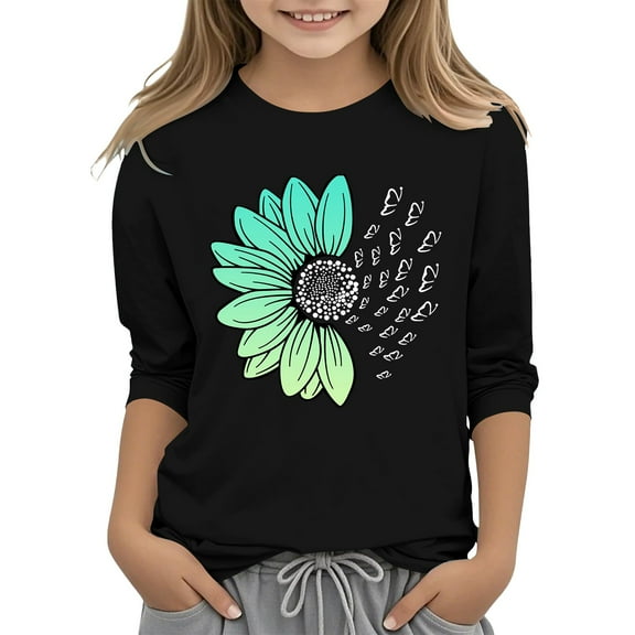 PINQI Girls Noen T Shirts Cotton Kids Sunflower Tees 3/4 Sleeve Summer Floral Graphic Tshirt Cute Crewneck Top Athletic