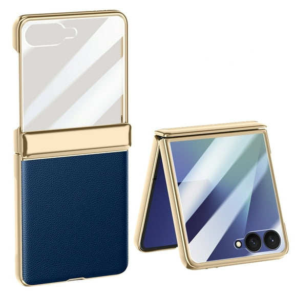 for Samsung Galaxy Z Flip 7 Case, Hinge Protection Luxury PU Leather Electroplated Design Skin Friendly Phone Cover for Samsung Galaxy Z Flip 7, with Tempered Glass Screen Protector, Darkblue