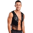 thumbnail image 4 of Nyeemya Men's Shiny Sequins Open Front Jacket 70s Hippie Tassel Vest Disco Party Sleeveless Cropped Tank Top Black L, 4 of 7