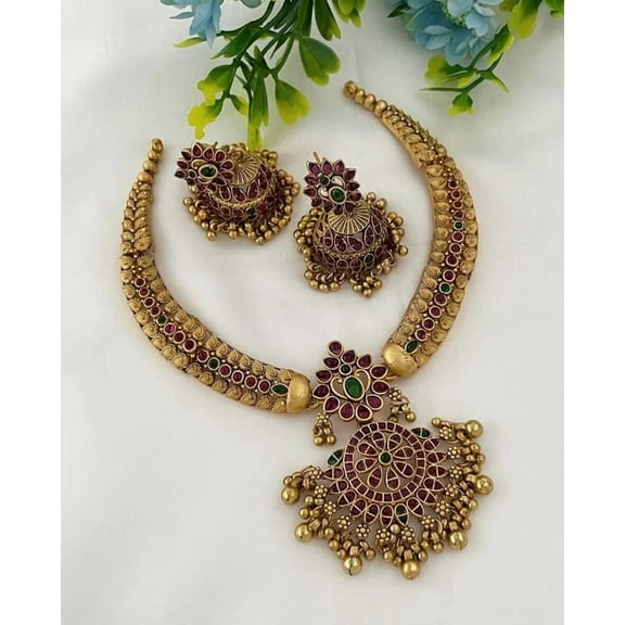 Antique Gold-Plated Temple Necklace Set with Ruby & Emerald Stone Work – Traditional Bridal Jewelry