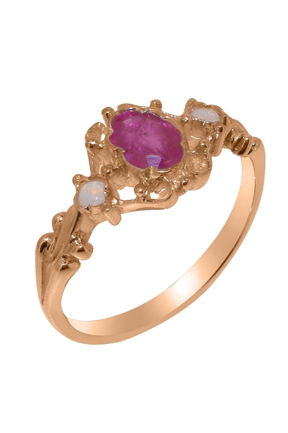 LBG British Made 14k Rose Gold Natural Ruby & Opal Womens Anniversary Ring - 33 size options - Size 4