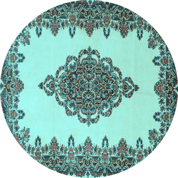 Ahgly Company Indoor Round Medallion Light Blue Traditional Area Rugs, 4' Round