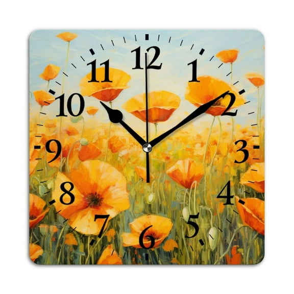 Square Wall Clock,Orange Poppies In Field,Silent Non-Ticking Wall Clock Decor for Home Office Kitchen Living Room Bedroom(16inch)