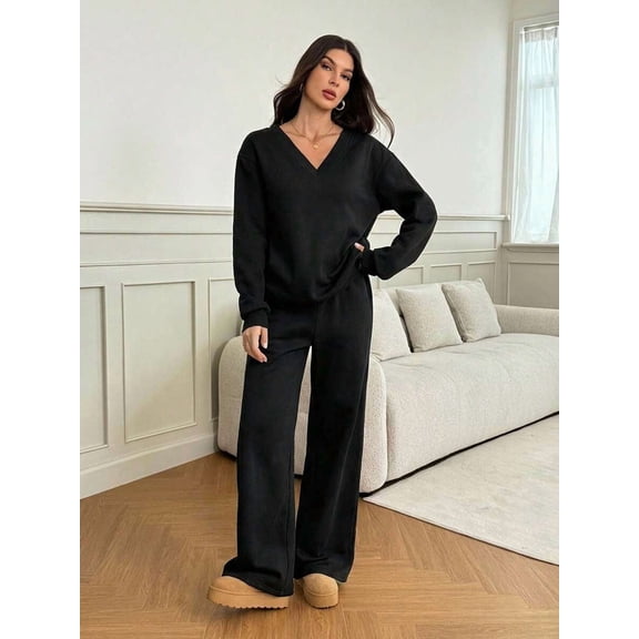 DENTOYOU Womens 2 Piece Lounge Sets Casual Long Sleeve V-Neck Pullover Sweatsuits Wide Leg Jogger with Pockets Outfits Black L