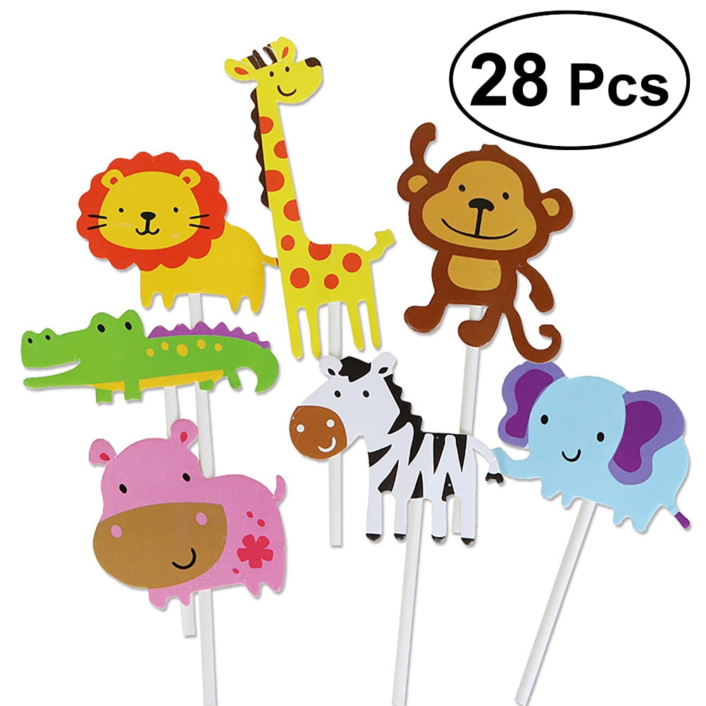 OUNONA 28pcs Happy Birthday Cake Topper Animal Theme Cake Decorations