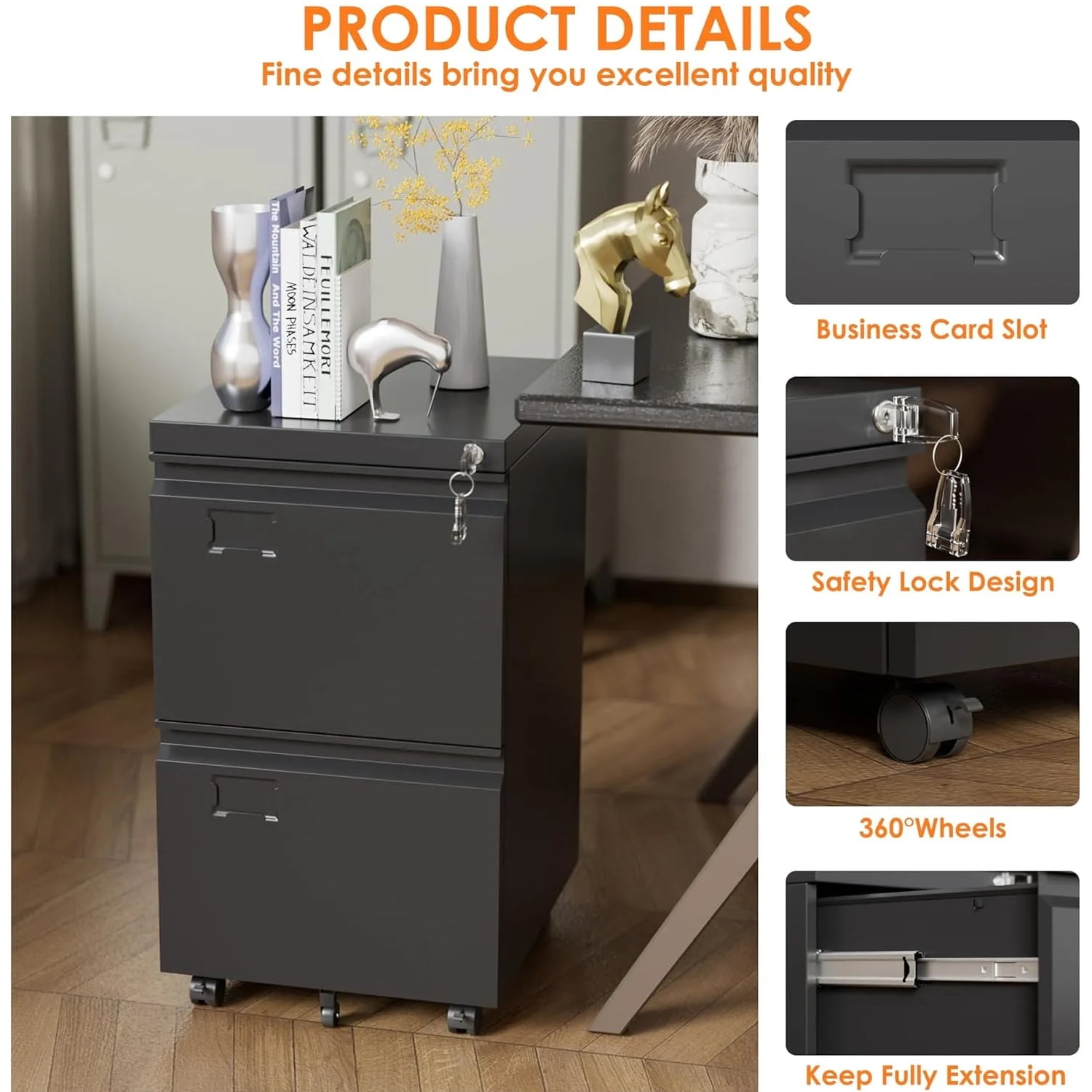 2 Drawer File Cabinet with Lock, Mobile Rolling Filing Cabinet for Home Office, Under Desk Metal File Cabinet for Letter/Legal/A4, Black