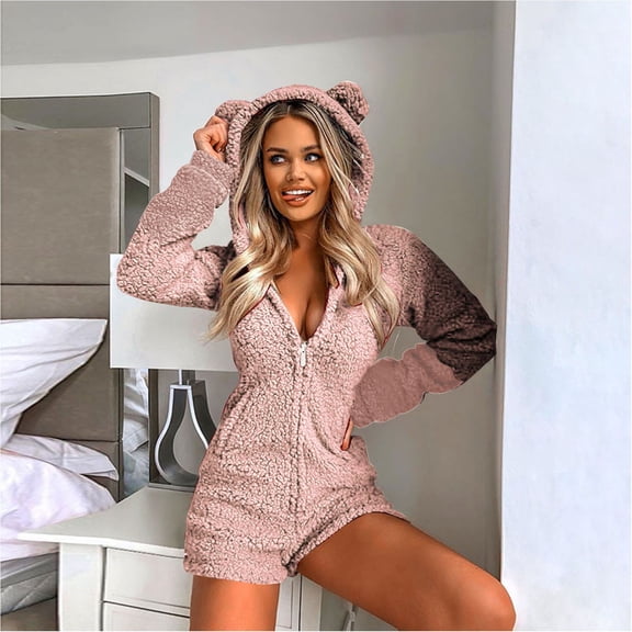 Idoravan 2024 Spring Savings! Pajamas for Womens,Women Long Sleeve Hooded Jumpsuit Pajamas Casual Winter Warm Rompe Sleepwear Pink M