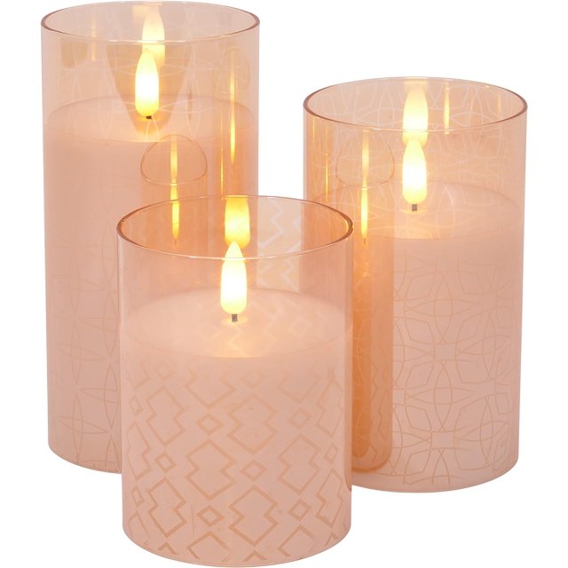 Mark Feldstein & Associates Mid Century Modern Flameless LED Glass Pillar Candles, Set of 3, 6 Inch, Metallic Rose Gold